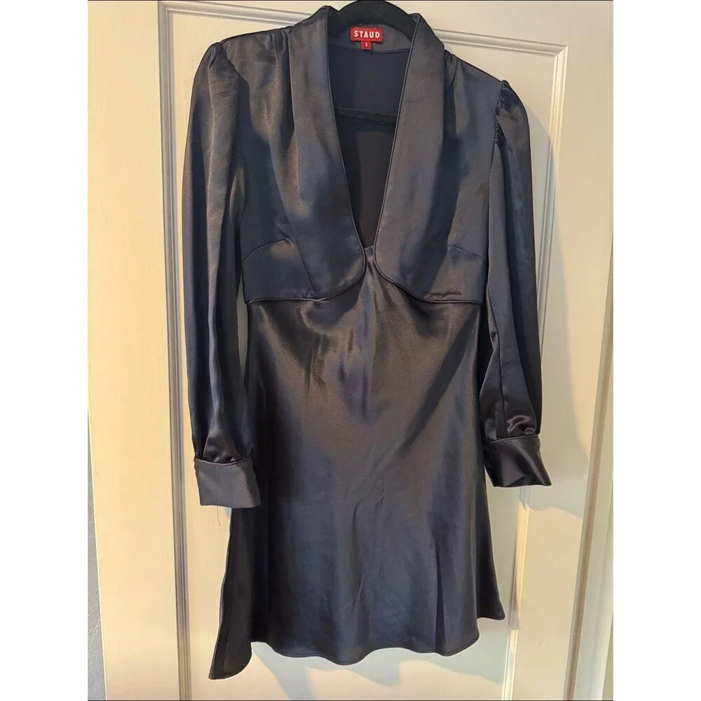 STAUD Navy Satin V-Neck Long-Sleeve Mini Dress - Picture 4 of 10